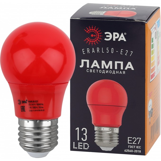 Лампа светодиодная ЭРА ERARL50-E27 A50 3Вт груша красный E27 13SMD для белт-лайт B0049580