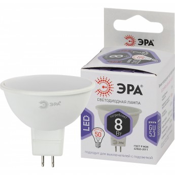 Лампа светодиодная ЭРА LED MR16-8W-860-GU5.3 MR16 8Вт софит GU5.3 холод. бел. Б0049071