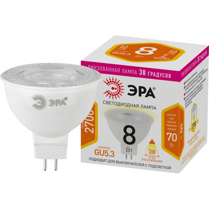 Лампа светодиодная ЭРА STD LED LENSE MR16-8W-827-GU5.3 8Вт MR16 софит 2700К тепл. бел. GU5.3 650лм 170-265В линзованная Б0054938 B0054938