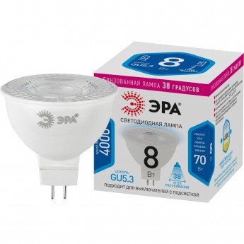 Лампа светодиодная ЭРА STD LED LENSE MR16-8W-840-GU5.3 8Вт MR16 софит 4000К нейтр. бел. GU5.3 650лм 170-265В линзованная Б0054939