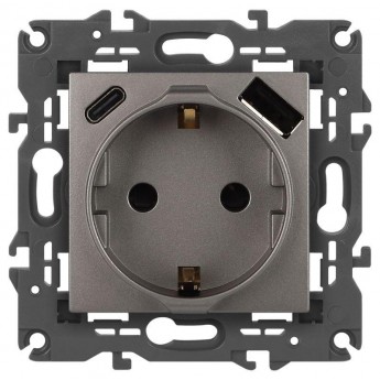 Розетка ЭРА ELEGANCE Б0067695 14-4108-16 2P+E 16A-250В со шторками с USB type-A+C 5В-3А титан